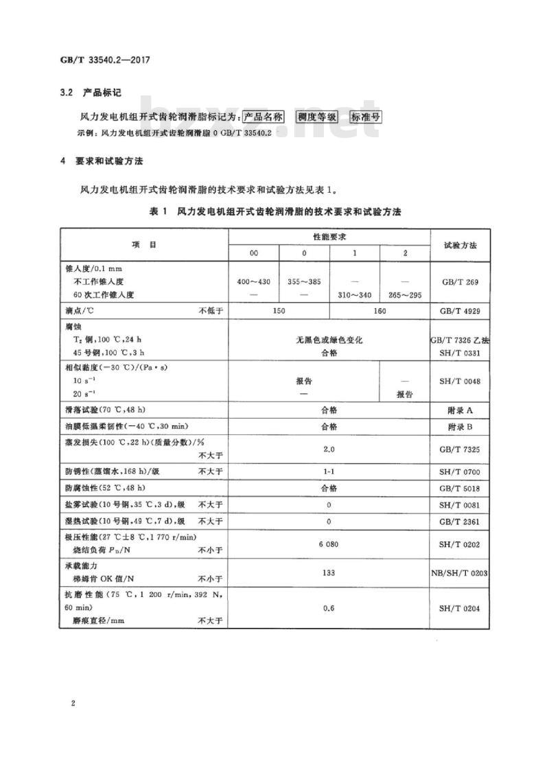 GB/T 33540.2-2017 风力发电机组专用润滑剂 第2部分:开式齿轮润滑脂 GB/T 33540.2-2017 风力发电机组专用润滑剂 第2部分:开式齿轮润滑脂
