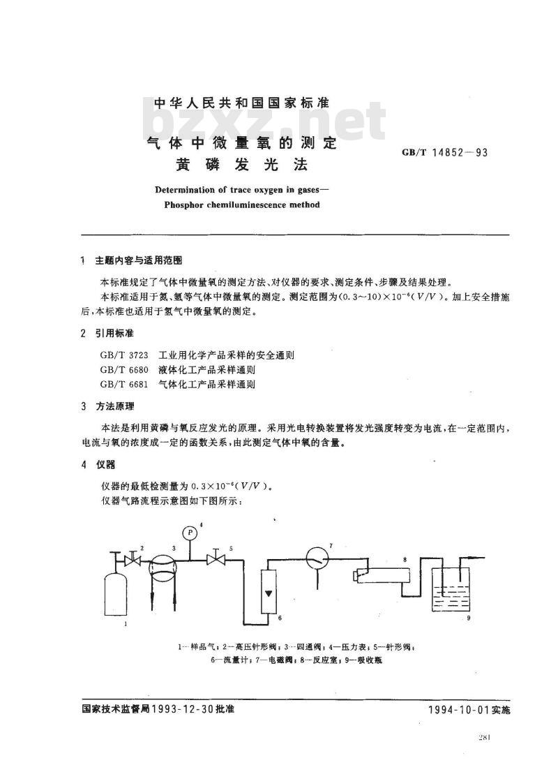 GB/T 14852-1993 气体中微量氧的测定 黄磷发光法 GB/T 14852-1993 气体中微量氧的测定 黄磷发光法