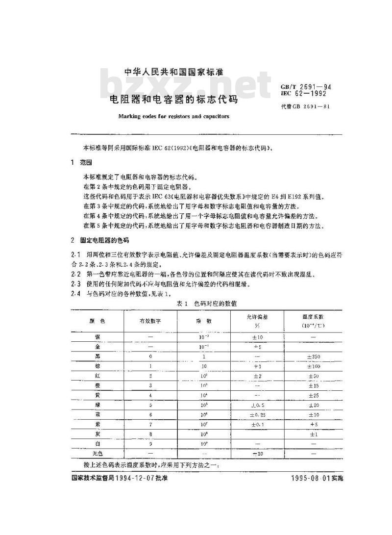 GB/T 2691-1994 电阻器和电容器的标志代码 GB/T 2691-1994 电阻器和电容器的标志代码