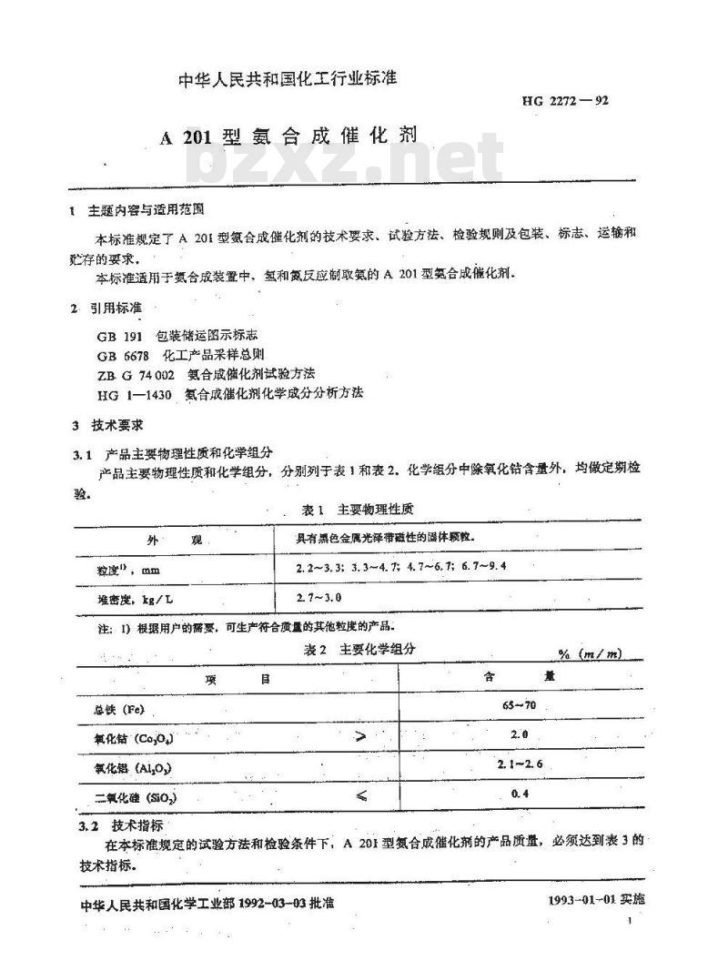 HG 2272-1992 A201型氨合成催化剂 HG 2272-1992 A201型氨合成催化剂