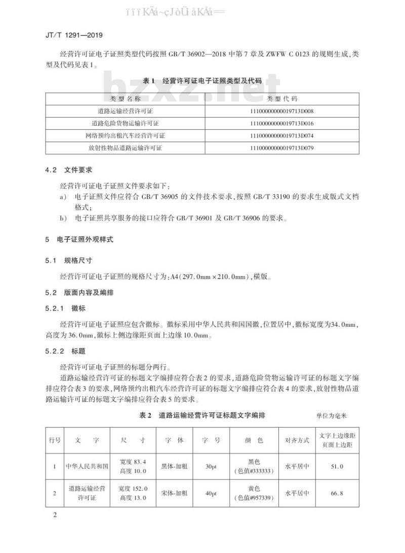 JT/T 1291-2019 道路运输电子证照 经营许可证 JT/T 1291-2019 道路运输电子证照 经营许可证