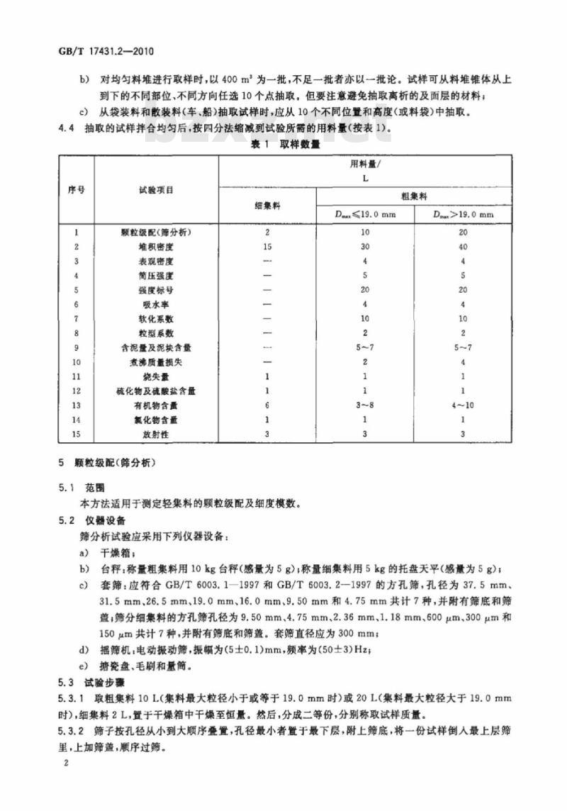 GB/T 17431.2-2010 轻集料及其试验方法 第2部分：轻集料试验方法