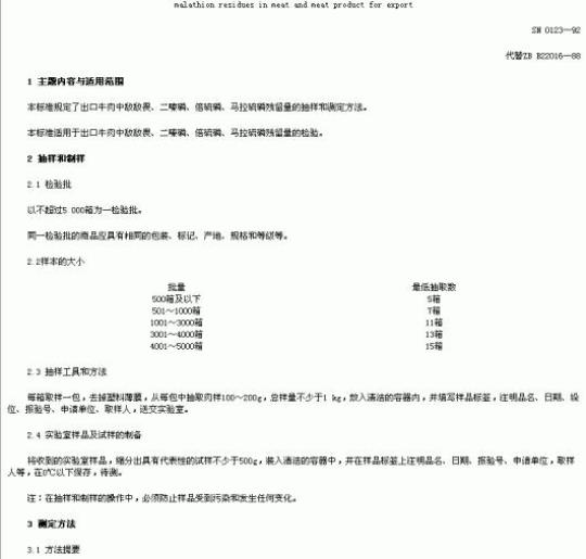 SN 0123-92 出口肉及肉制品中敌敌畏、二嗪磷、倍硫磷、马拉硫磷残留量检验方法