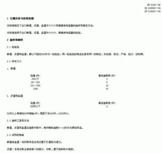 SN 0128-92 出口蛋及蛋制品中六六六、滴滴锑的残留量检验方法