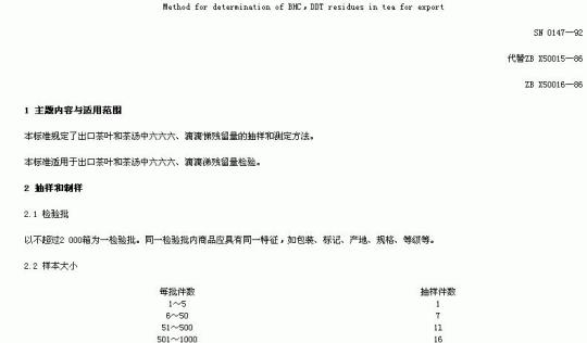 SN 0147-92 出口茶叶中六六六、滴滴涕残留量检验方法