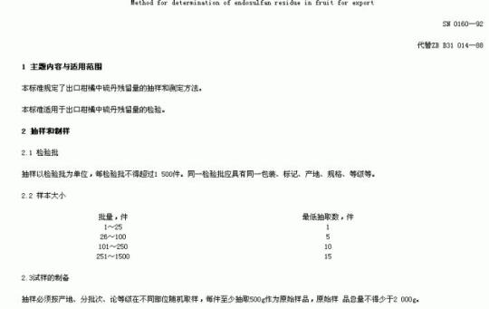SN 0160-92 出口水果中硫丹残留量检验方法