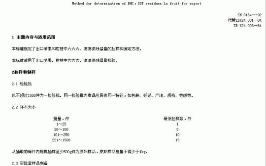 SN 0164-92 出口水果中六六六、滴滴递残留量检验方法