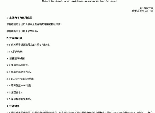 SN 0172-92 出口食品中金黄色葡萄球菌检验方法