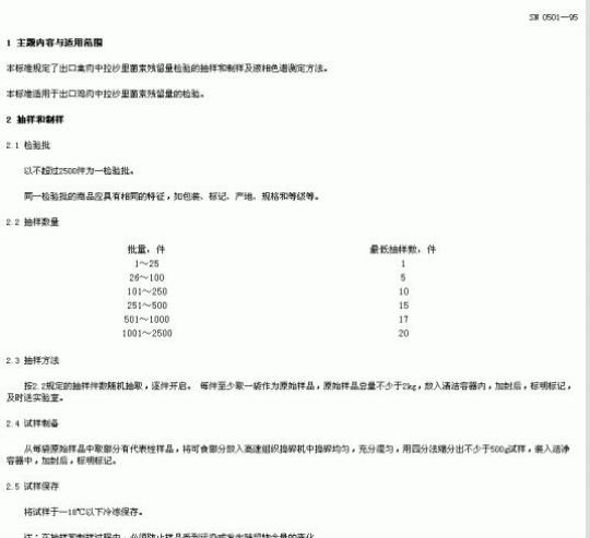 SN 0501-95 出口禽肉中拉钞里菌索残留量检验方法