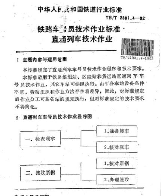 TB/T 2301.4-92 铁路车号员技术作业标准直通列车技术作业