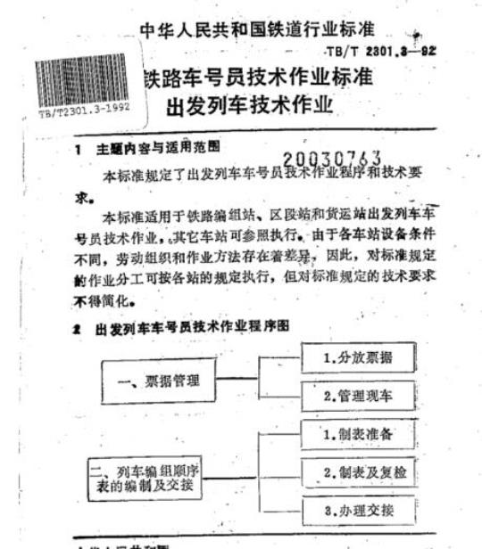TB/T 2301.3-92 铁路车号员技术作业标准出发列车技术作业