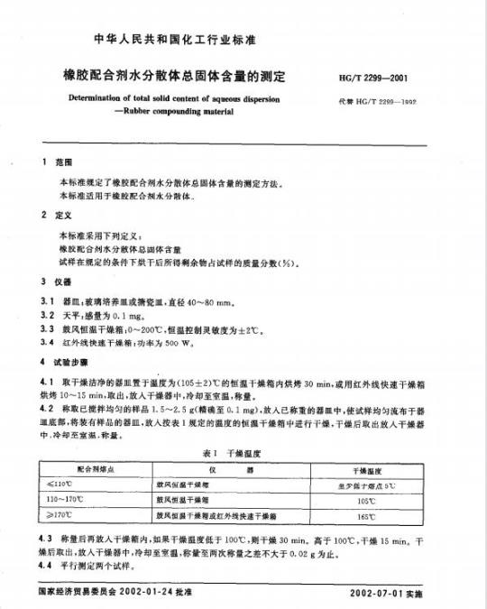 HG/T 2299-2001 橡胶配合剂水分散体总固体含量的测定