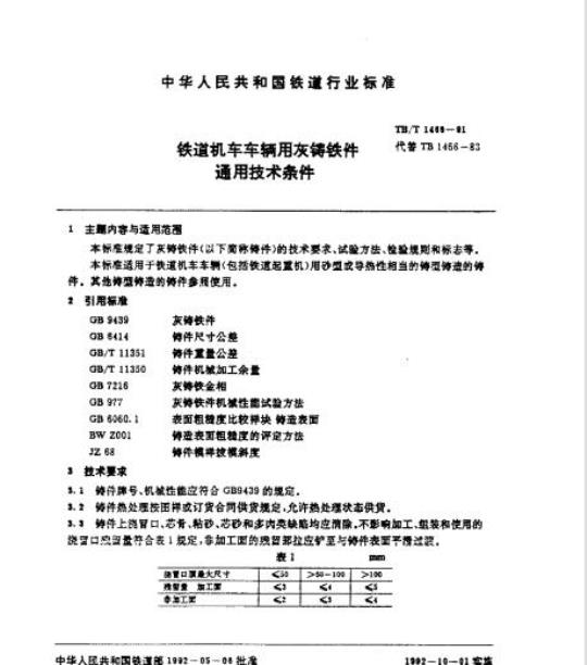TB/T 1466-91 铁道机车车辆用灰铸铁件通用技术条件