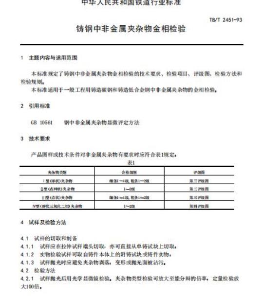 TB/T 2451-93 铸钢中非金属夹杂物金相检验