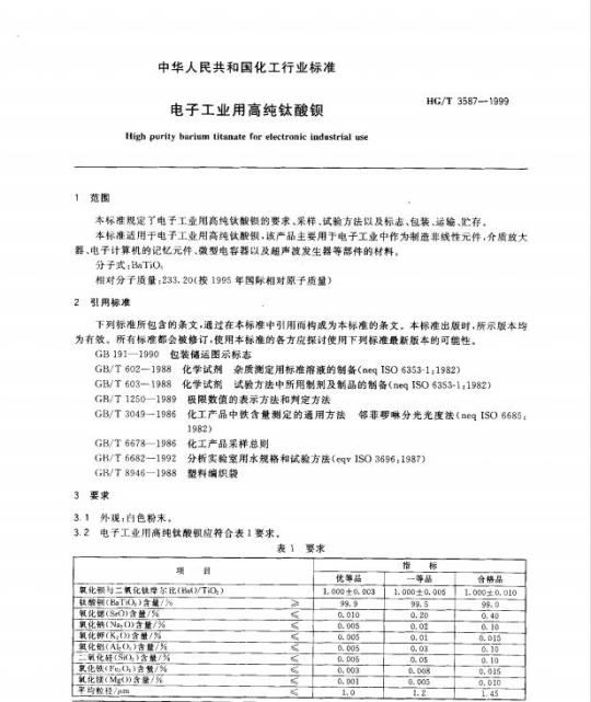 HG/T 3587-1999 电子工业用高纯钛酸钡