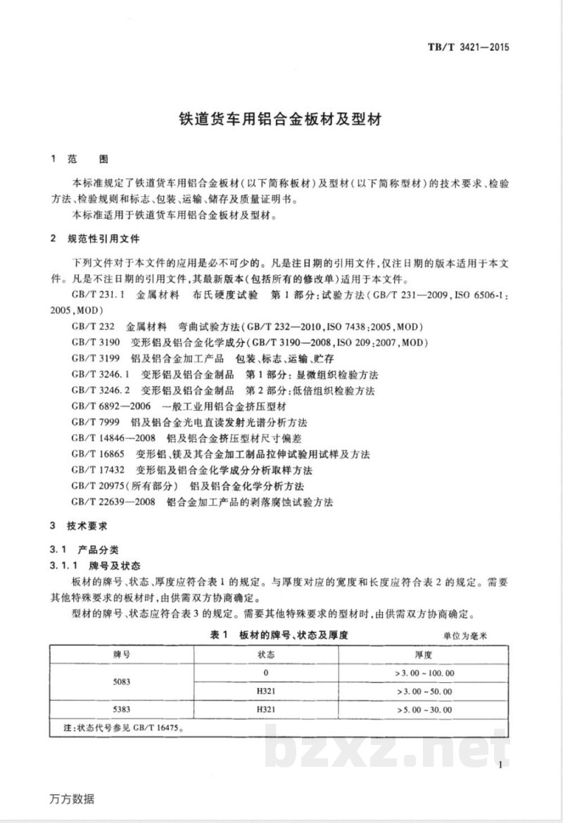 TB/T 3421-2015 铁道货车用铝合金板材及型材 TB/T 3421-2015 铁道货车用铝合金板材及型材