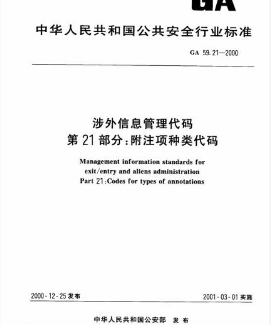 GA 59.21-2000 涉外信息管理代码 第21部分：附注项种类代码