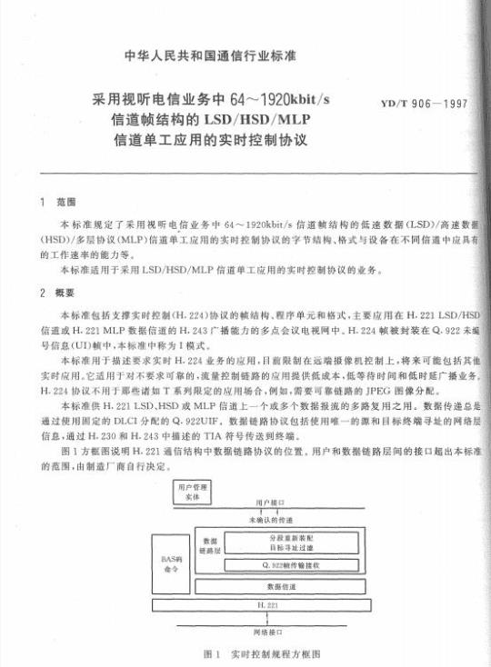 YD/T 906-1997 采用视听电信业务中 64~1920kbit/s 信道帧结构的 LSD/HSD/MLP 信道单工应用的实时控制协议