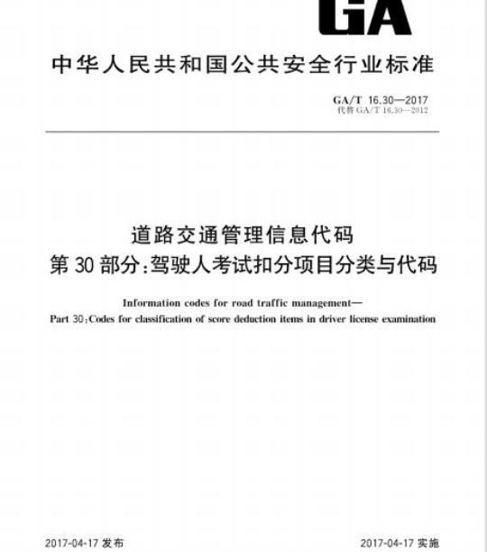 GA/T 16.30-2017 道路交通管理信息代码第30部分:驾驶人考试扣分项目分类与代码