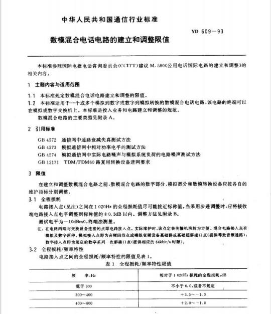 YD 609-1993 数模混合电话电路的建立和调整限值