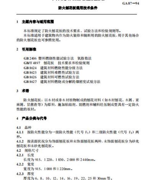 GA 87-94 防火刨花板通用技术条件