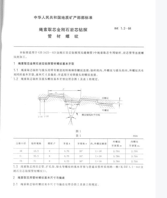 DZ 1.2-84 绳索取芯金刚石岩芯钻探管材螺纹