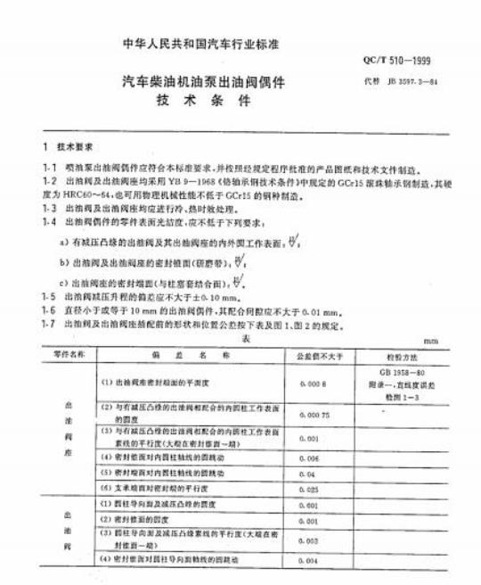 QC/T 510-1999 汽车柴油机油泵出油阀偶件技术条件
