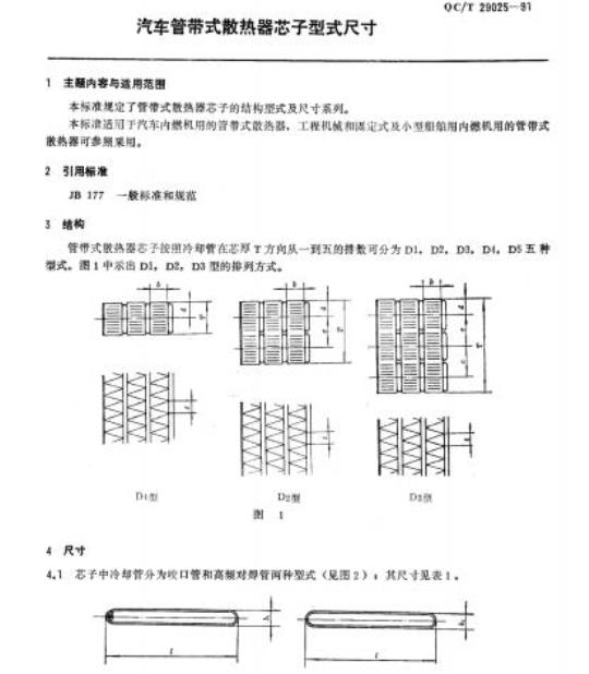 QC/T 29025-91 汽车管带式散热器芯子型式尺寸