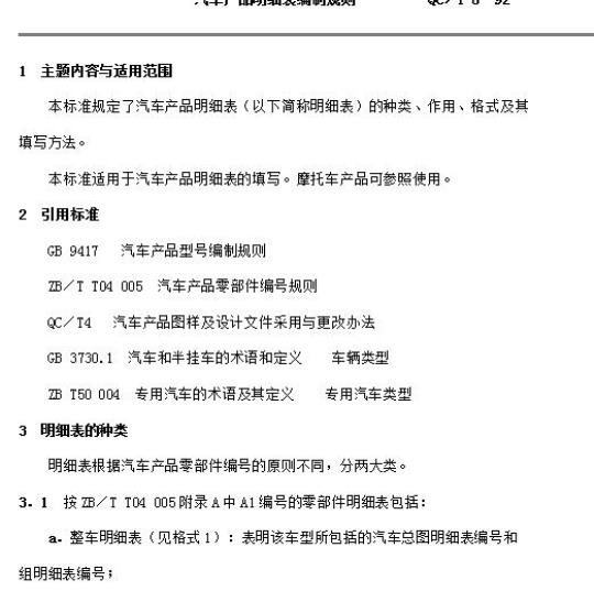 QC/T 6-92 汽车产品明细表编制规则