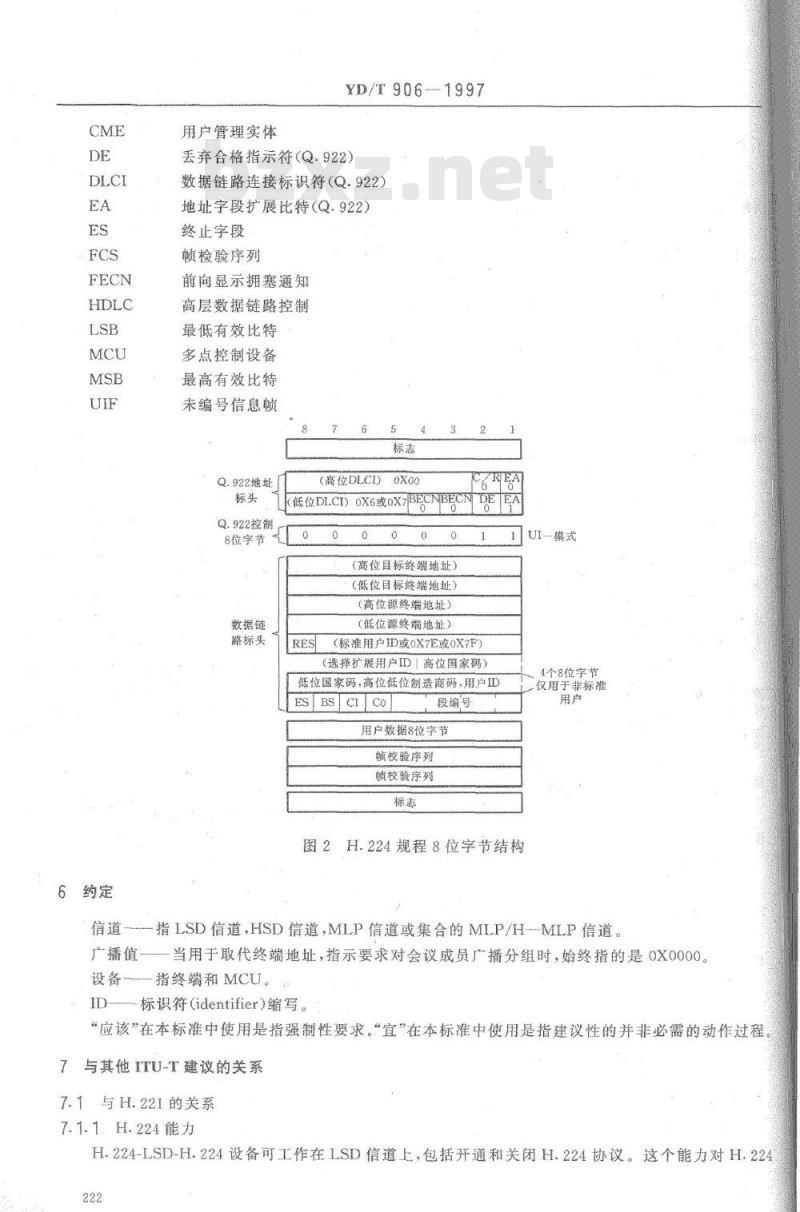 YD/T 906-1997 采用视听电信业务中 64~1920kbit/s 信道帧结构的 LSD/HSD/MLP 信道单工应用的实时控制协议 YD/T 906-1997 采用视听电信业务中 64~1920kbit/s 信道帧结构的 LSD/HSD/MLP 信道单工应用的实时控制协议