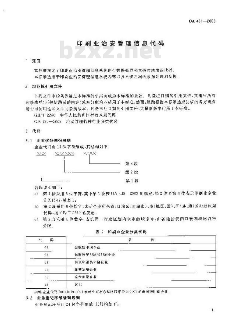 GA 431-2003 印刷业治安管理信息代码