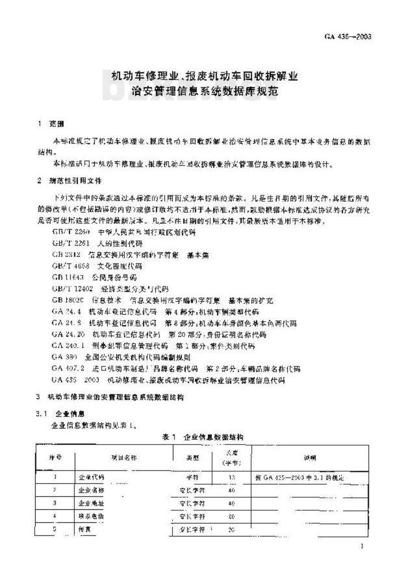 GA 436-2003 机动车修理业、报废机动车回收拆解业治安管理信息系统数据库规范
