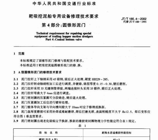 JT/T 185.4-2002 耙吸挖泥船专用设备修理技术要求第4部分:圆锥形泥门