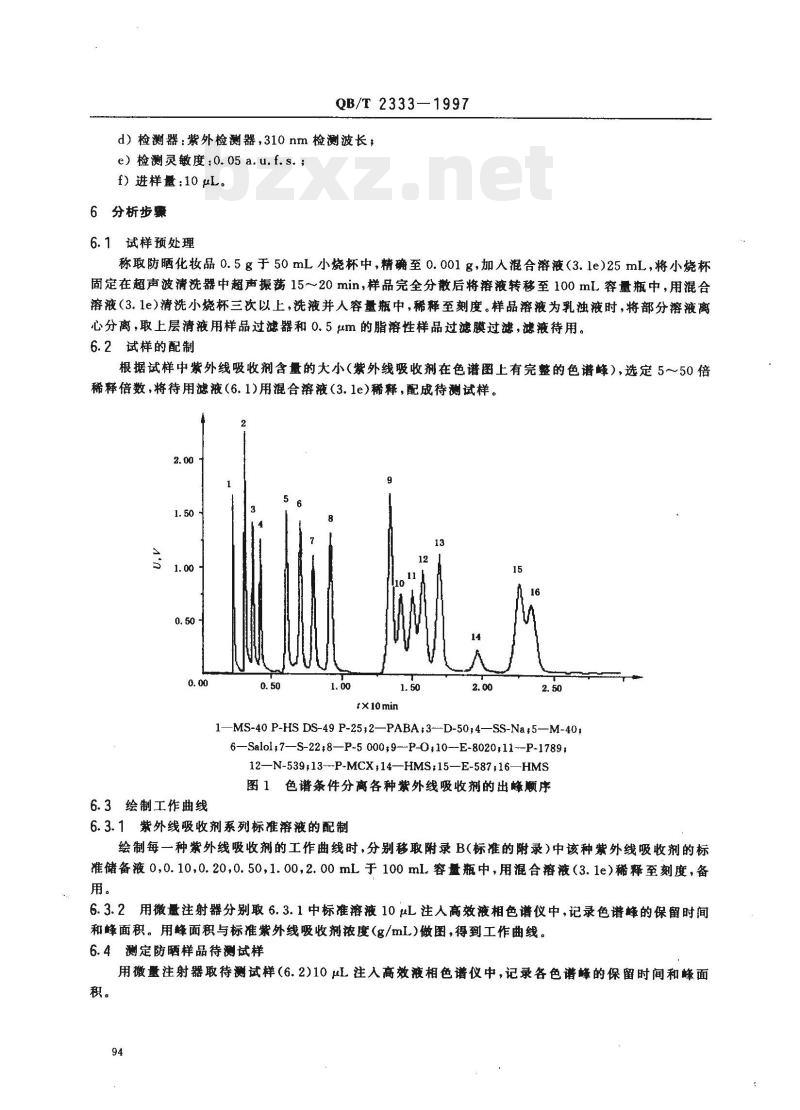 QB/T 2333-1997 防晒化妆品中紫外线吸收剂定量测定高效液相色谱法 QB/T 2333-1997 防晒化妆品中紫外线吸收剂定量测定高效液相色谱法
