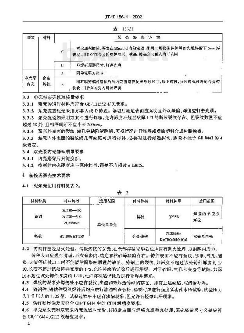 JT/T 156.1-2002 挖泥船泥泵修理 技术要求第1部分:泵壳 JT/T 156.1-2002 挖泥船泥泵修理 技术要求第1部分:泵壳