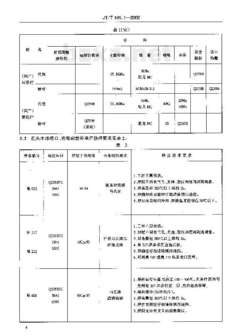 JT/T 185.1-2002 耙吸挖泥船专用设备修理技术要求第1部分:耙头 JT/T 185.1-2002 耙吸挖泥船专用设备修理技术要求第1部分:耙头
