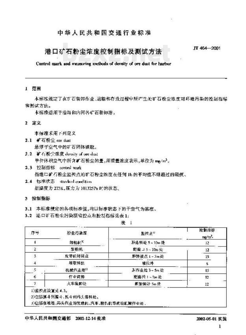 JT 464-2001 港口矿石粉尘浓度控制指标及测试方法 JT 464-2001 港口矿石粉尘浓度控制指标及测试方法