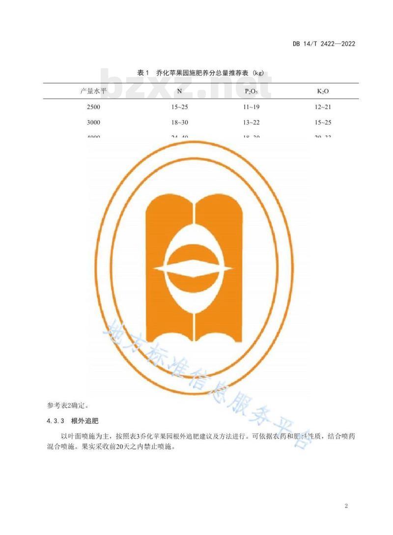 DB 14/T 2422—2022 乔化苹果园水肥管理技术规程 DB 14/T 2422—2022 乔化苹果园水肥管理技术规程