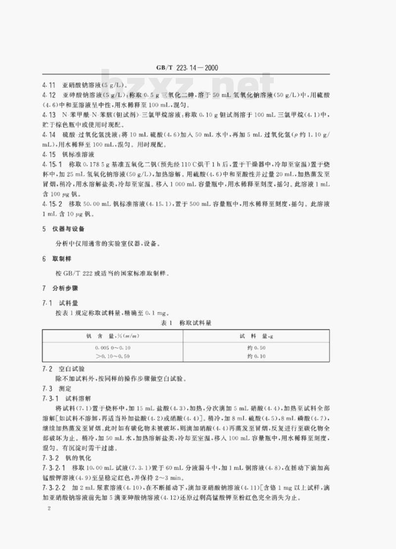 GB/T 223.14—2000 钢铁及合金化学分析方法钜试剂萃取光度法测定钒含量 GB/T 223.14—2000 钢铁及合金化学分析方法钜试剂萃取光度法测定钒含量