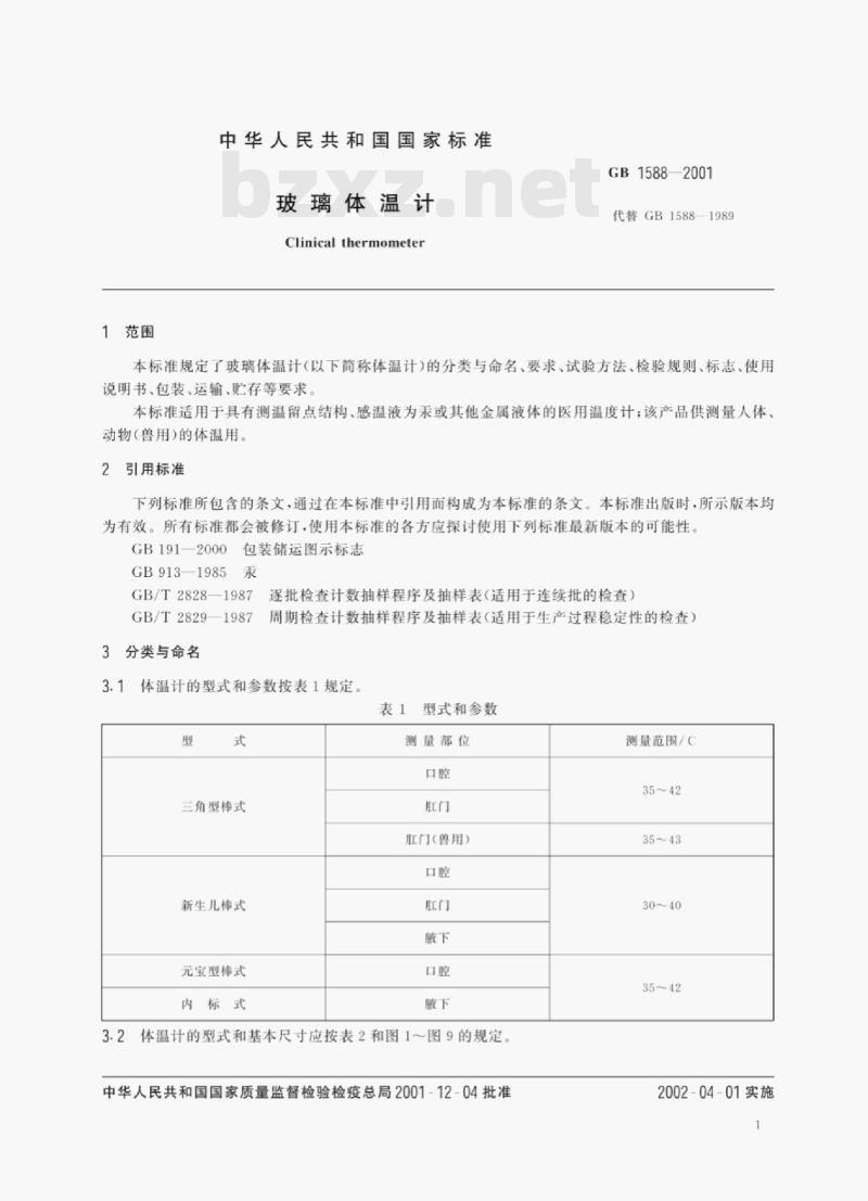 GB 1588—2001 玻璃体温计 GB 1588—2001 玻璃体温计