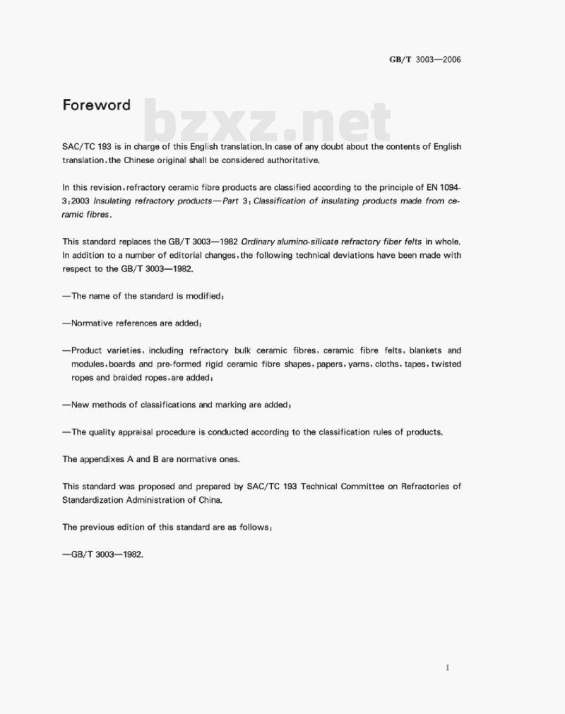 GB/T 3003—2006 Refractory—Ceramic fibre and the products GB/T 3003—2006 Refractory—Ceramic fibre and the products