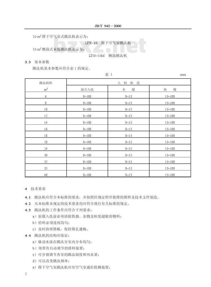 JB/T 942-2000 煤用跳汰机 JB/T 942-2000 煤用跳汰机