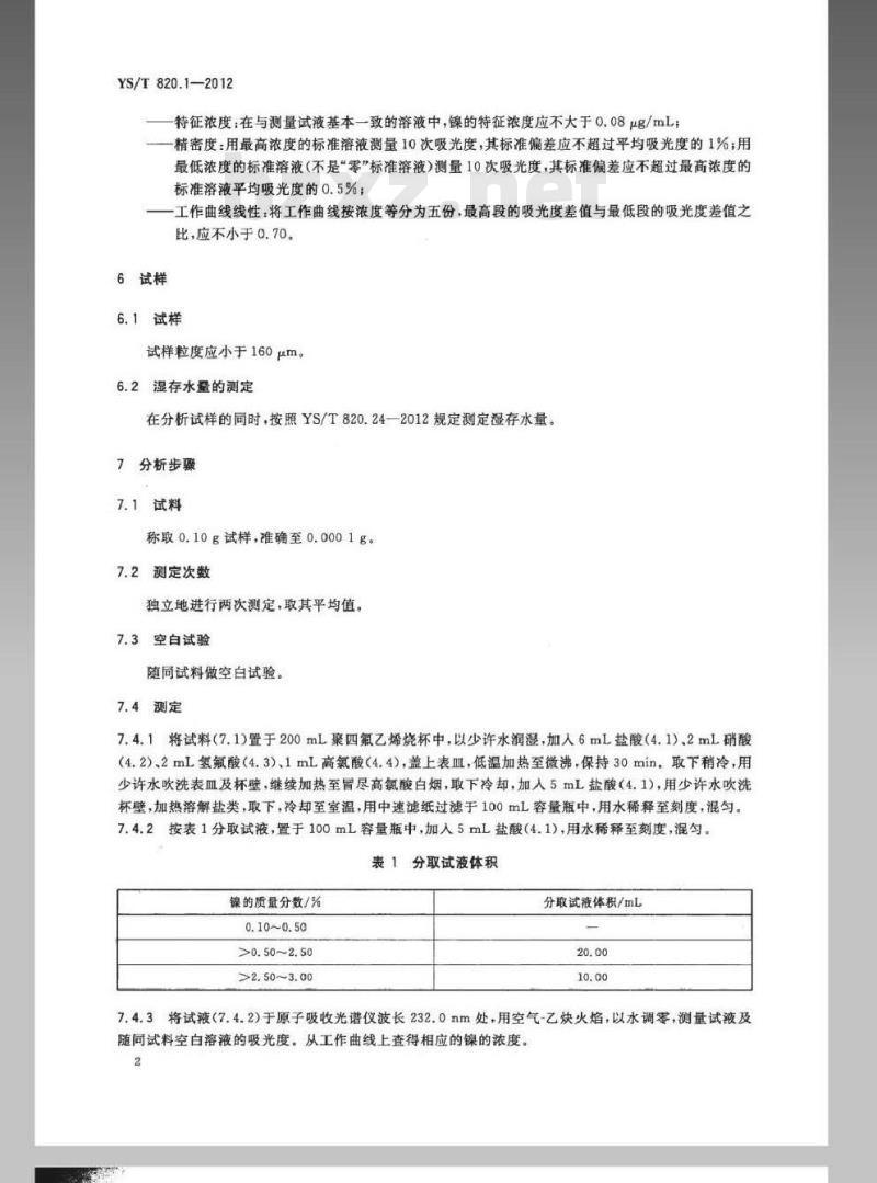 YS/T 820.1-2012 红土镍矿化学分析方法 第1部分:镍量的测定 火焰原子吸收光谱法 YS/T 820.1-2012 红土镍矿化学分析方法 第1部分:镍量的测定 火焰原子吸收光谱法