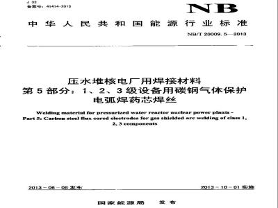 NB/T 20009.5-2013 压水堆核电厂用焊接材料 第5部分：1、2、3级设备用碳钢气体保护电弧焊药芯焊丝
