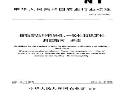 NY/T 2493-2013 植物新品种特异性、一致性和稳定性测试指南 荞麦