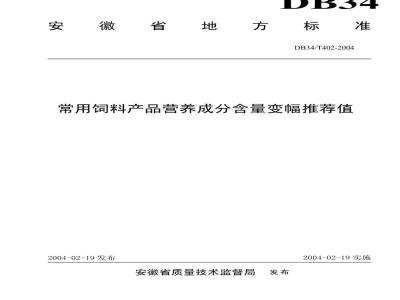 DB34/T 402-2004 常用饲料产品营养成分含量变幅推荐值
