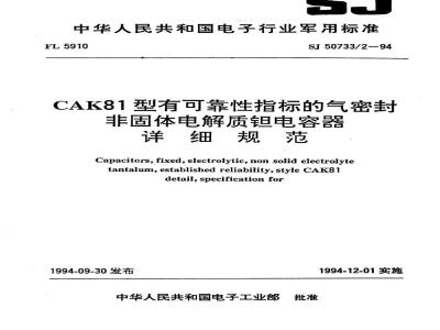 SJ 50733.2-1994 CAK81型有可靠性指标的气密封非固体电解质钽电容器详细规范