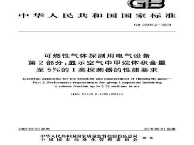 GB 20936.2-2009  可燃性气体探测用电气设备 第2部分：显示空气中甲烷体积含量至5%的I类探测器的性能要求
