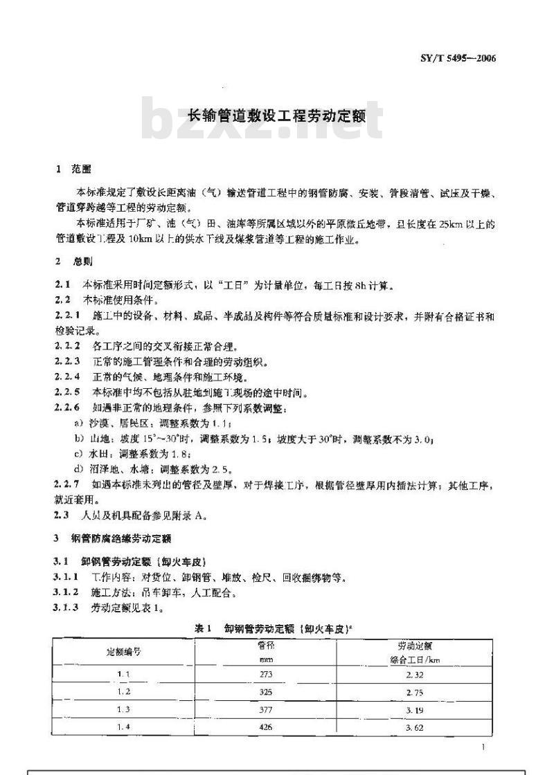 SY/T 5495-2006 长输管道敷设工程劳动定额