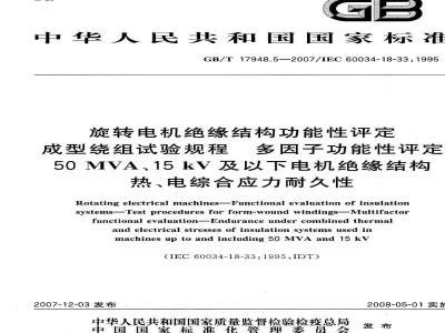 GB/T 17948.5-2007 旋转电机绝缘结构功能性评定成型绕组试验规程多因子功能性评定50MVA、15kV及以下电机绝缘结构热、电综合应力耐久性